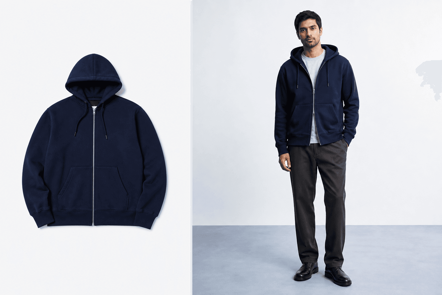 Illustrative before-and-after example of a navy zip hoodie product photo and an adult model wearing the same garment