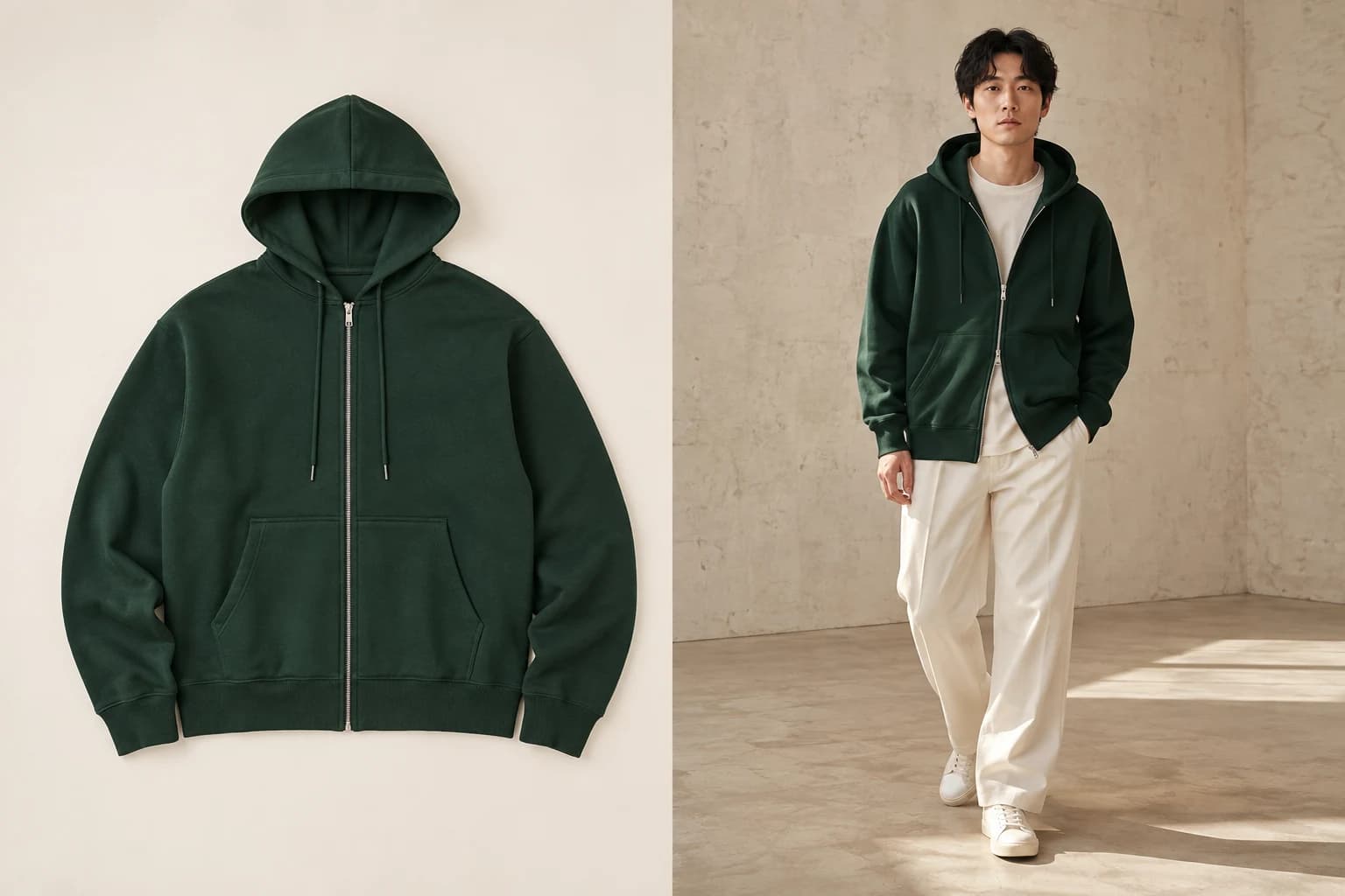 Illustrative AI model wearing a forest-green zip hoodie with cream trousers