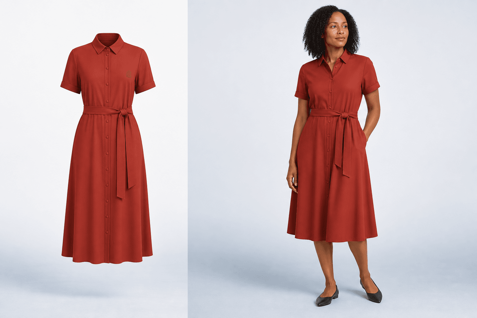 Illustrative before-and-after example of a rust shirt dress product photo and an adult model wearing the same garment