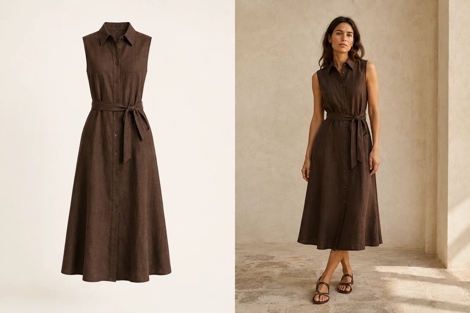 Illustrative comparison of a dress shown on an invisible mannequin and worn by an AI model