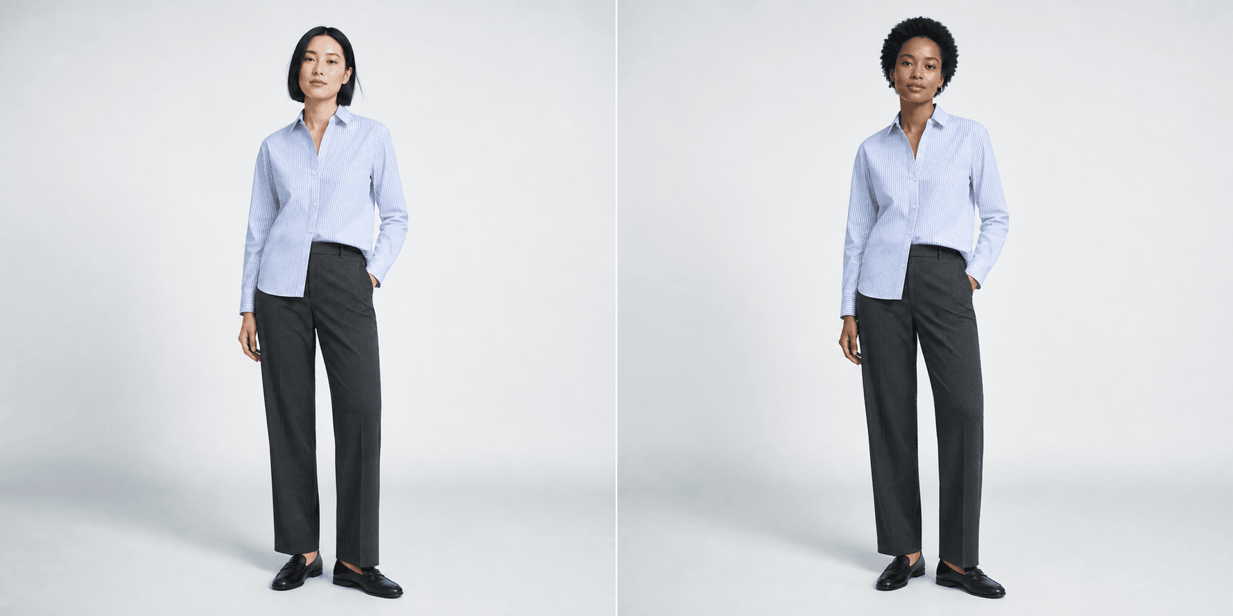 Illustrative side-by-side fashion model replacement preserving a striped shirt, pose, and studio background